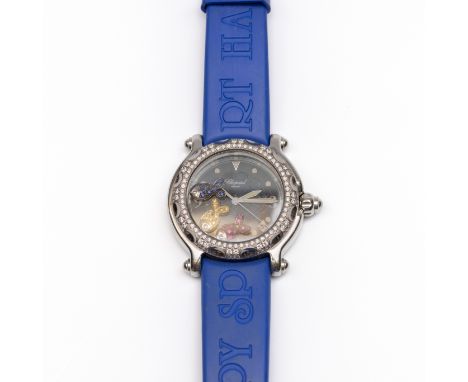 Chopard, stalen polshorloge, quartz. Model Happy Sport. Met vrij bewegende vissen, bezet met gele en blauwe saffier en robijn