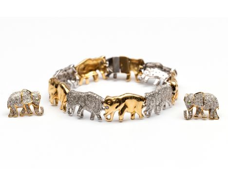 18 kt. geel- met witgouden armband. In de vorm van achter elkaar lopende olifanten. De ogen van briljant geslepen diamant, de