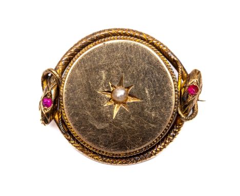 14 kt. Gouden ronde broche, ca. 1900. De rand bestaande uit twee in elkaar gekrulde slangen, de kop bezet met een synthetisch
