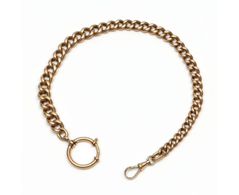 14 kt. Gouden horlogeketting, opgebouwd uit een massieve gourmet schakel, met grote veerring en musketon haak bruto 44,6 gr.,