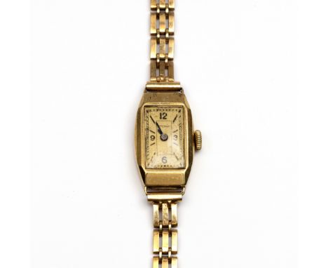 Eterna, 14 kt. gouden polshorloge, Art Deco. Handopwind. Met goudkleurige wijzerplaat met batons en Arabische cijfers op de 1