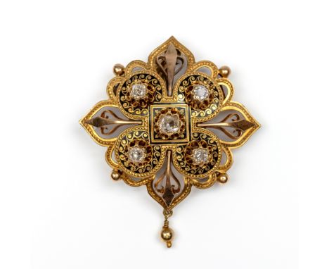 Frankrijk, 18 kt. geel,- met roodgouden ruitvormige broche, tevens hanger, ca. 1860. Bezet met vijf oud briljant geslepen dia