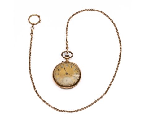 14 kt. Gouden zakhorloge, met goudkleurige wijzerplaat met Arabische cijfers en seconde aanduiding op de zes, met onedele bin
