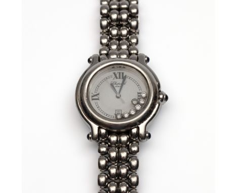 Chopard, stalen polshorloge, quartz. Model Happy Sport. Met zeven vrij bewegende briljant geslepen diamanten. Met grijze wijz