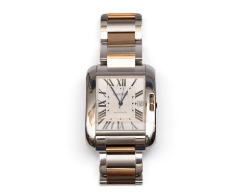 Cartier, 18 kt. roségouden met stalen polshorloge, automaat. Model Tank Anglaise XL. Met zilverkleurige deel geguillocheerde 