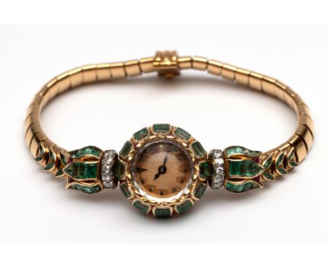 Pierre Sterlé, Paris, 18 kt. gouden cocktail polshorloge, jaren '50. Handopwind. In de vorm van een lotusbloem, bezet met gek
