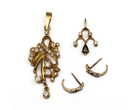 20 kt. Gouden fantasie hanger, bezet met briljant geslepen diamant met een totaalgewicht van ca. 0.65 ct. Hierbij een 18 kt. 