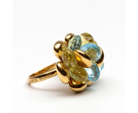 Marco Bizego Italië, 18 kt. gouden ring. De bovenzijde met briolette geslepen lemon kwarts, blauwe topaas en gouden druppels.