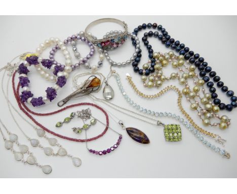 Cultured pearls and silver jewellery to include, two moonstone silver necklaces a silver multi-gem set bangle, amber brooch e