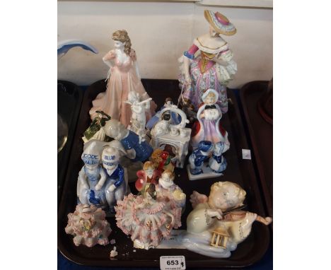 A Franklin Mint for V &amp; A reproduction French porcelain figure, an Italian wall plaque, Dresden figures etc Condition Rep