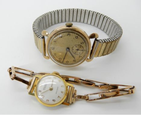 A 9ct gold gents vintage watch with gold plated strap together with a ladies Bifora watch with 9ct strap Condition Report: Av