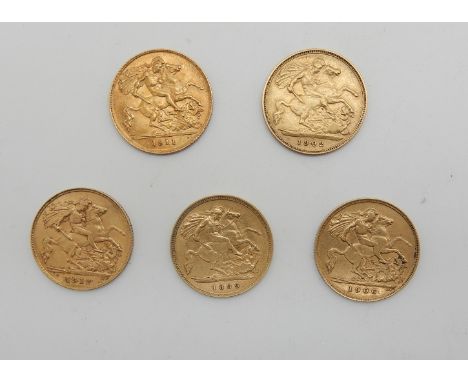 Five gold half sovereigns, 1899, 1902, 1906, 1911 &amp; 1913 (5) Condition Report: Available upon request