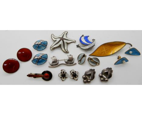 A collection of Scandinavian silver and enamel jewellery to include David Andersen, Ivar Holth, Aksel Holmsen and other items