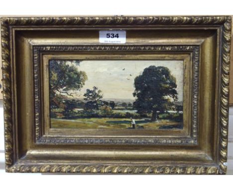 JOHN R REID Man and dog on a track, oil on panel, 11 x 20cm Condition Report: Available upon request