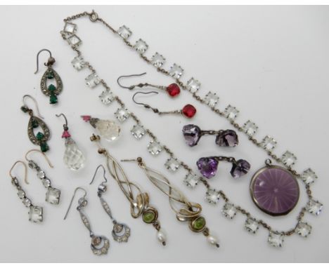 A pair of white metal heart shaped amethyst cufflinks, silver peridot and pearl earrings, a guilloche enamel locket and other