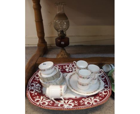 Royal Albert 'Belinda' pattern teawares, a New Stone pottery tree and well platter, 53 x 43cm and a paraffin lamp Condition R