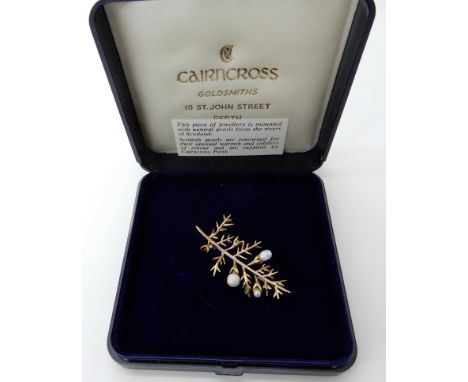 A Cairncross of Perth, 9ct gold Scottish River pearl brooch, 4.5cm x 2cm, weight 5gms Pearls sold under license from Scottish