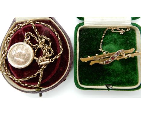 A 9ct gold red gem and pearl brooch together with a yellow metal (B&amp;F) locket with 9ct vintage fancy chain, weight of cha