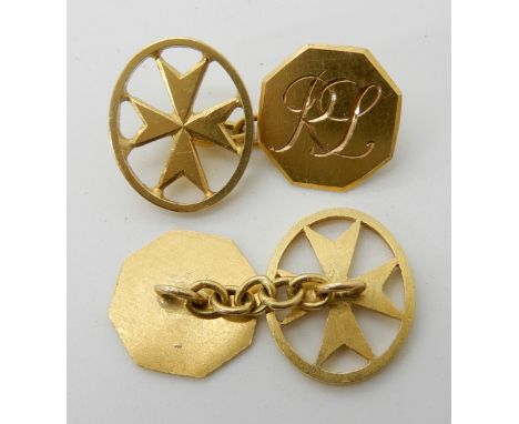 A pair of bright yellow metal continental Maltese cross cufflinks with monogram, weight 6.7gms Condition Report: Available up