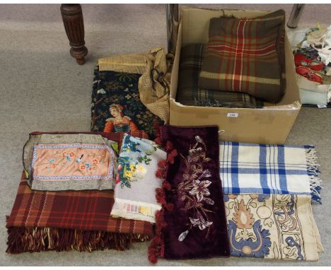 A collection of tartan rugs, tapestry etc Condition Report: Available upon request