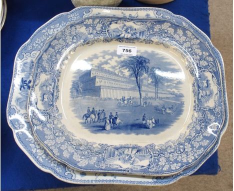 Four J &amp; M P Bell Triumphal car blue and white platters and another platter depicting exhibition building Condition Repor