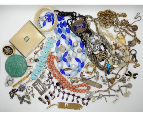 A collection of vintage costume jewellery to include, a Deco gem set compact, a shagreen example, coral beads and other items