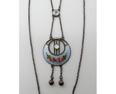 A Charles Horner silver, enamel and mother of pearl painted rose pendant necklace pendant drop 6cm, chain length 38cm, weight