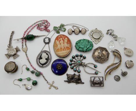 A continental silver kittens brooch, a Chinese silver carved turquoise clip, a French silver pen-annular brooch set with turq