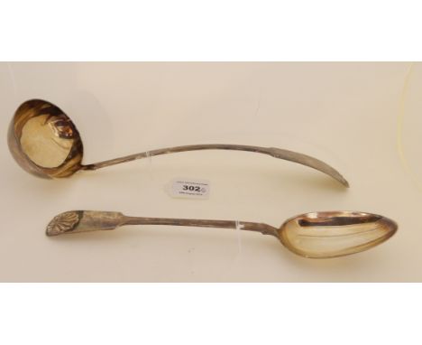 A silver soup ladle by William Scott Peat, Edinburgh 1832, fiddle pattern with shell decorated terminal, 35cm long with match