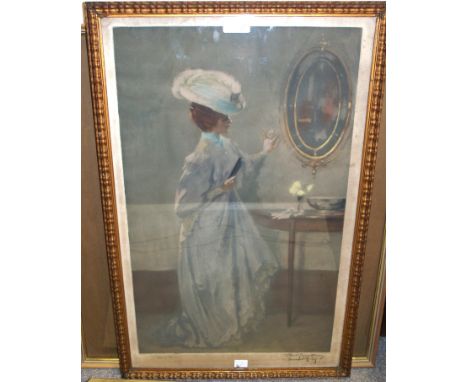 GEORGE HENRY The Mirror, signed print, 56cm x 35cm, D.W. Campbell - Polperro Harbour and three other pictures (5) Condition R
