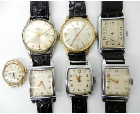 A 9ct gold ladies Smiths watch head, three retro Timex watch heads and other watches Condition Report: Not available for this