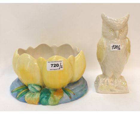 A Clarice Cliff waterlily planter together with a Belleek owl shaped vase Condition Report: Clarice Cliff - heavily crazed an