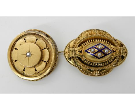 A bright yellow metal Etruscan revival locket back brooch with blue enamel and pearls and plaited hair panel verso, 4cm x 3cm