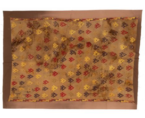 Peru, Chancay, 1200-1450, three large textile panels; one large dark brown panel with embroidered geometrical patterns, the s