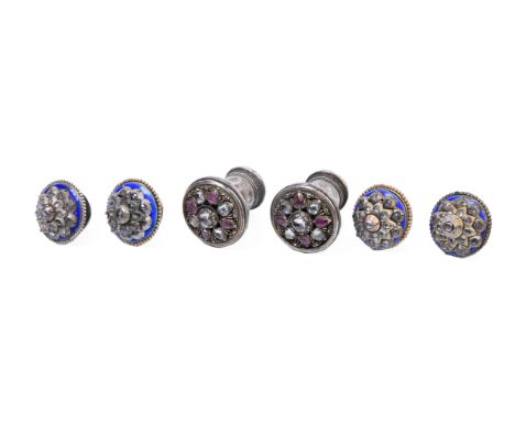 Indonesia, two pair of silver alloy ear ornaments and one gold pair. Decorated with glass stones and four with  blue enamel. 
