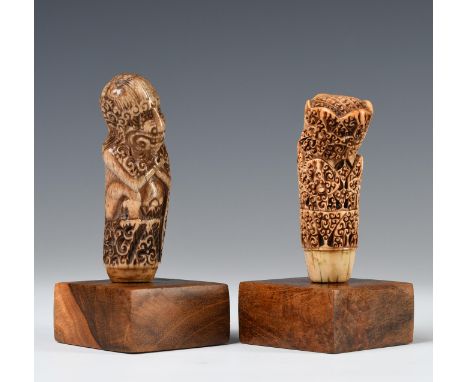 Java, two various kris hilts, consisting of a Cirebon sperm whale ivory ancestor figure in a floralized guise and a Northeast