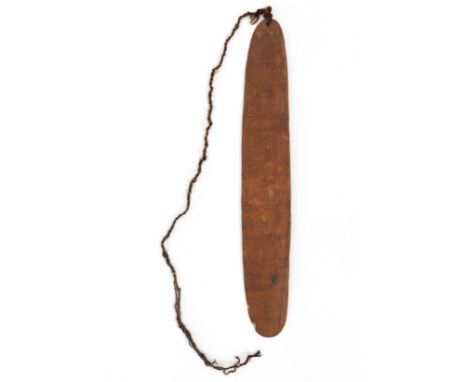 Australia, Aboriginal, wooden bullroarer, with a braided human hair string. l. 43 cm. Provenance: Collection Jan de Goede, Am