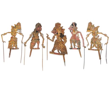 East Java, a collection of five various polychrome wayang kelitik, representing a blue and a gold faced Rama, one depicting D