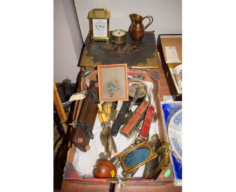 Assorted items, to include: a Postilion brass carriage clock; a copper and brass cream jug; a miniature aneroid barometer; ra
