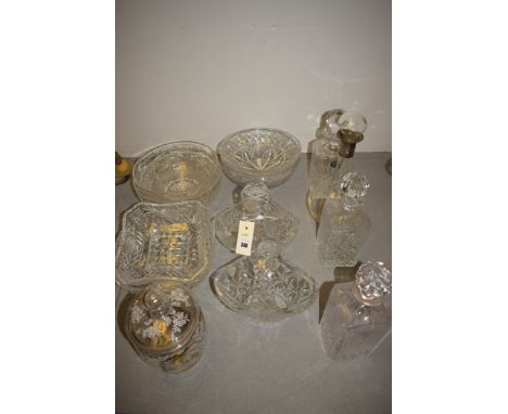 Cut glass ware, to include: Stuart decanter; Edinburgh Crystal decanters; and circular bowl; a decanter with silver-plated mo