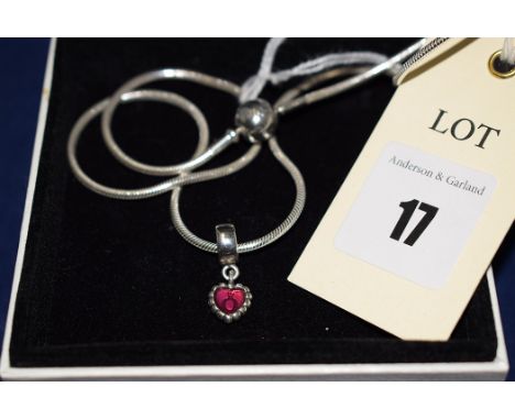 A silver Pandora enamel heart pendant charm; and a silver Pandora chain, with original box.