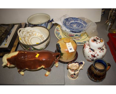 A ceramic figure of a bull stamped 3930; a Masons "Mandalay" pattern cream jug; a Coalport ginger jar; Coalport "Allegro" pat