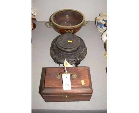 Chinese wooden vase stands; an early 20th Century oak wooden circular bowl with plated metal mounts; and a mahogany tea caddy