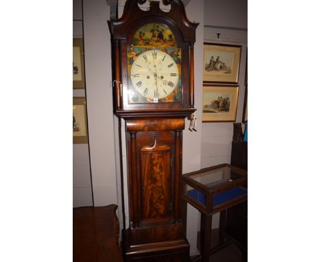 A Victorian mahogany longcase clock, by D. Crombie, Auchtermuchty, roman dial with hawking scenes and winter, spring, summer 