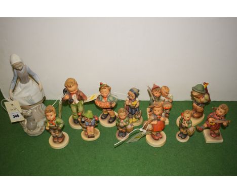 A Lladro figure of a girl curtsying to a rabbit, no. 4826; together with a collection of West German (Hummel) figures of chil