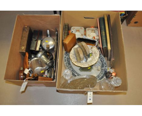 A Piquot ware four-piece tea service; a circular brass tray; a money box; a pair of cut glass decanters; two Hummel figures; 