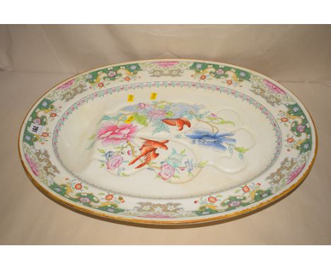 A Minton ceramic meat plate, decorated with birds and flowers.