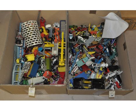Diecast toys by Corgi, Dinky, Lesney and others, to include: trucks, cars, buses and other items (play worn), in two boxes.