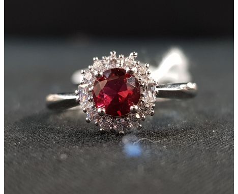 SILVER SYNTHETIC RUBY &amp; CZ SOLITAIRE CLUSTER RING