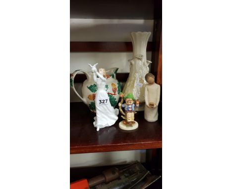 SHELF LOT OF BELLEEK, ROYAL DOULTON FIGURE, HUMMEL ETC